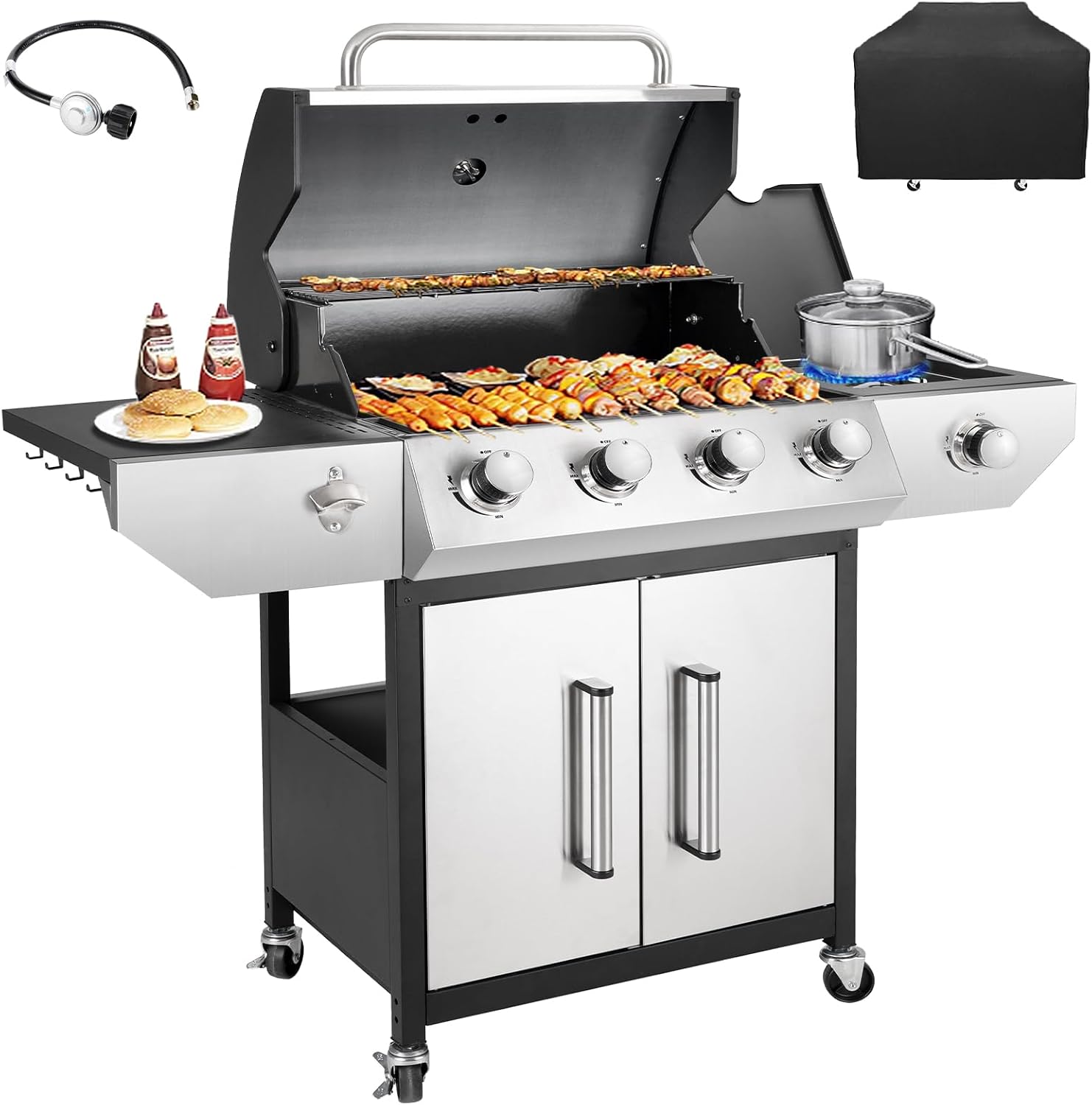 Kendane 4-Burner Propane Gas BBQ Grill with Side Burner, Barbecue Gas Grill with Enameled Cast Iron Grates for Outdoor Patio Garden Barbecue, 53,000 BTU, Stainless Steel Grill Cover included