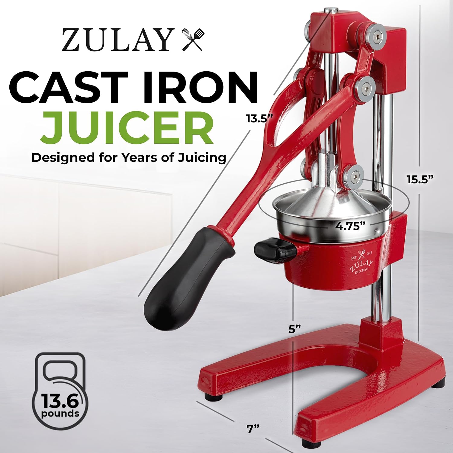 Zulay Kitchen Cast Iron Juicer - Heavy Duty Manual Juicer with Detachable Strainers for Easy Cleaning, Orange Juice Press for Citrus Fruits, Perfect for Bartenders, Juice Lovers & Health Enthusiasts
