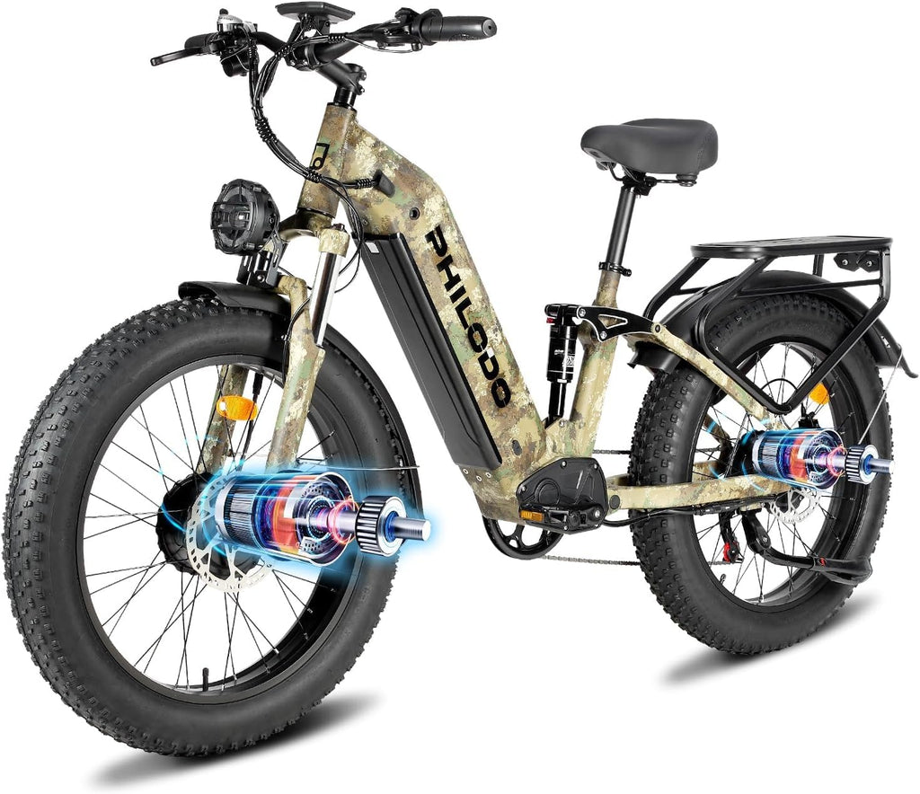 5000w Dual Motor Electric Bicycles, 60V Battery E-Bike with 45 MiIe P-Hour Electric Bike for Adults, 26 Fat Tire Hunting Ebike for All Terrain, Full Suspension Electric Ebike