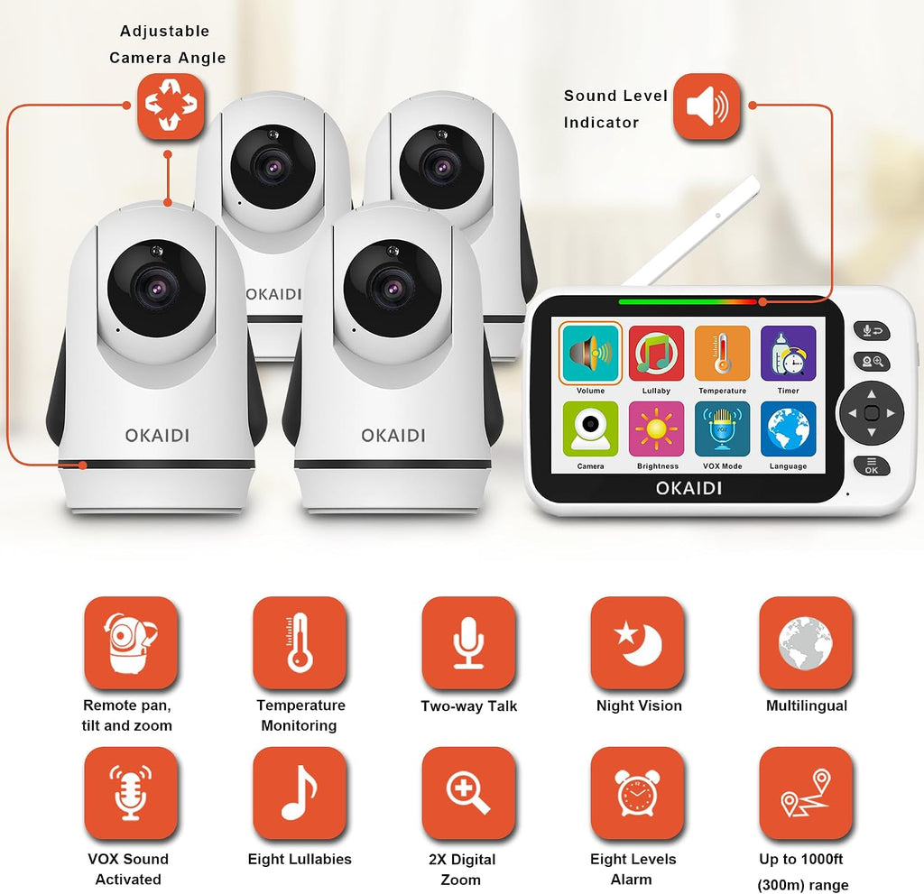 OKAIDI Video Baby Monitor with 4 Cameras, 5' Display Baby Monitor No WiFi, 30H Battery and 1000ft Range, 2-Way Talk, 8 Lullabies, Remote Pan-Tilt-Zoom Baby Camera for Baby Pet Elderly