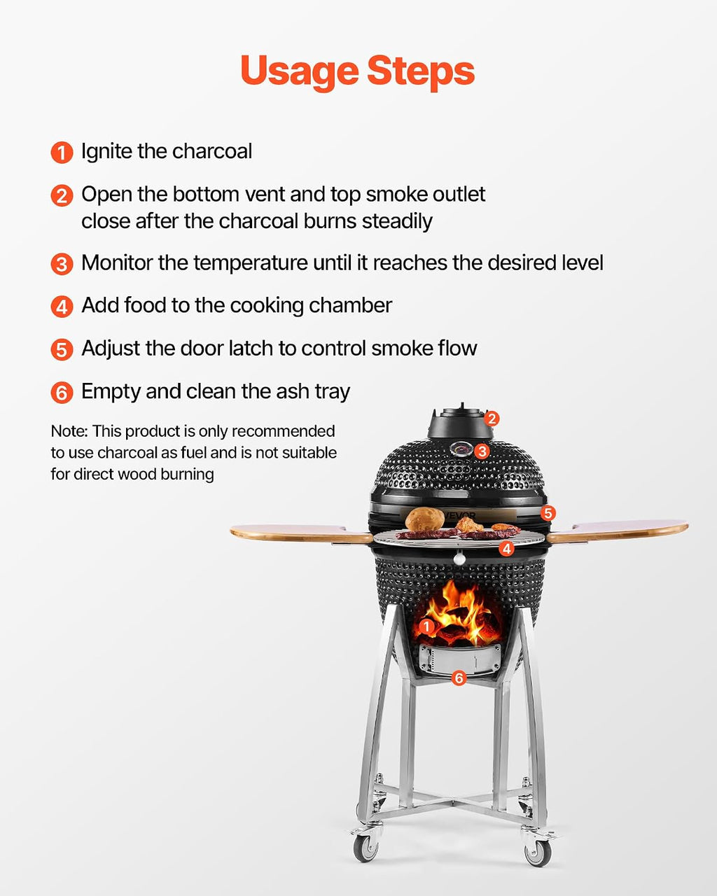 VEVOR Charcoal Smoker and Grill, 18' Kamado Charcoal BBQ Smoker, Movable Ceramic Barbecue Grill with 4 Wheels (2 Lockable), Built-in Thermometer, Air Vents & Side Shelf for Outdoor Patio Yard Cooking