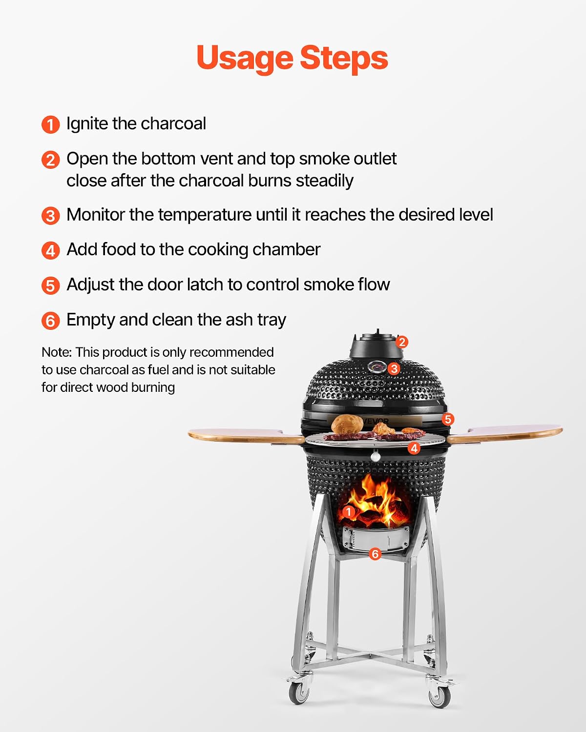 VEVOR Charcoal Smoker and Grill, 18' Kamado Charcoal BBQ Smoker, Movable Ceramic Barbecue Grill with 4 Wheels (2 Lockable), Built-in Thermometer, Air Vents & Side Shelf for Outdoor Patio Yard Cooking