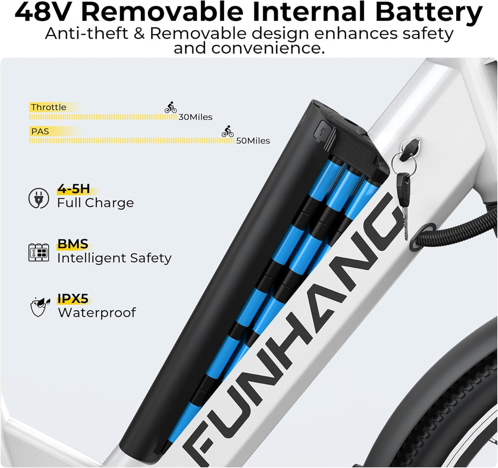 Funhang Electric Bike for Adults, 1000W Peak Ebike, 50Miles 20MPH Step Thru Electric Bicycle, 26' Commuter E Bikes with 48V Built-in Removable Battery, Adjustable Stem, 7-Speed, UL 2849 Certified