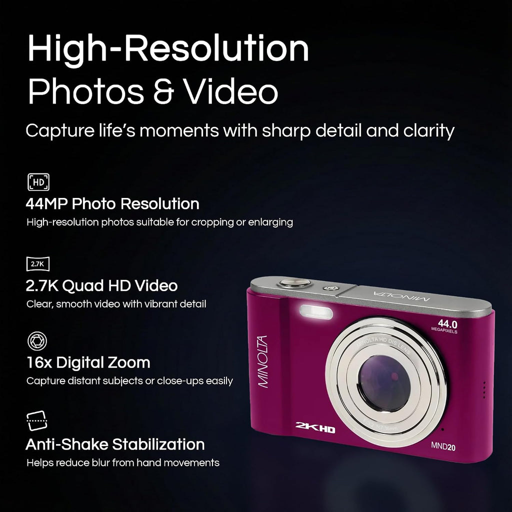 Minolta MND20 44MP Digital Camera – 2.7K Ultra HD Video, 16X Digital Zoom, Anti-Shake Stabilization, Time Lapse, Face Detection, 2.9-inch LCD Display – Lightweight Compact Camera (Magenta)