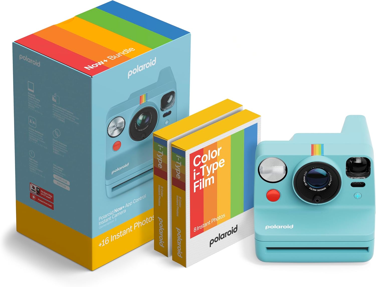 Polaroid Now+ 3rd Generation I-Type Instant Camera + Film Bundle - Now+ Bluetooth App Controlled Arctic Blue Camera + 16 Color Photos (6645)