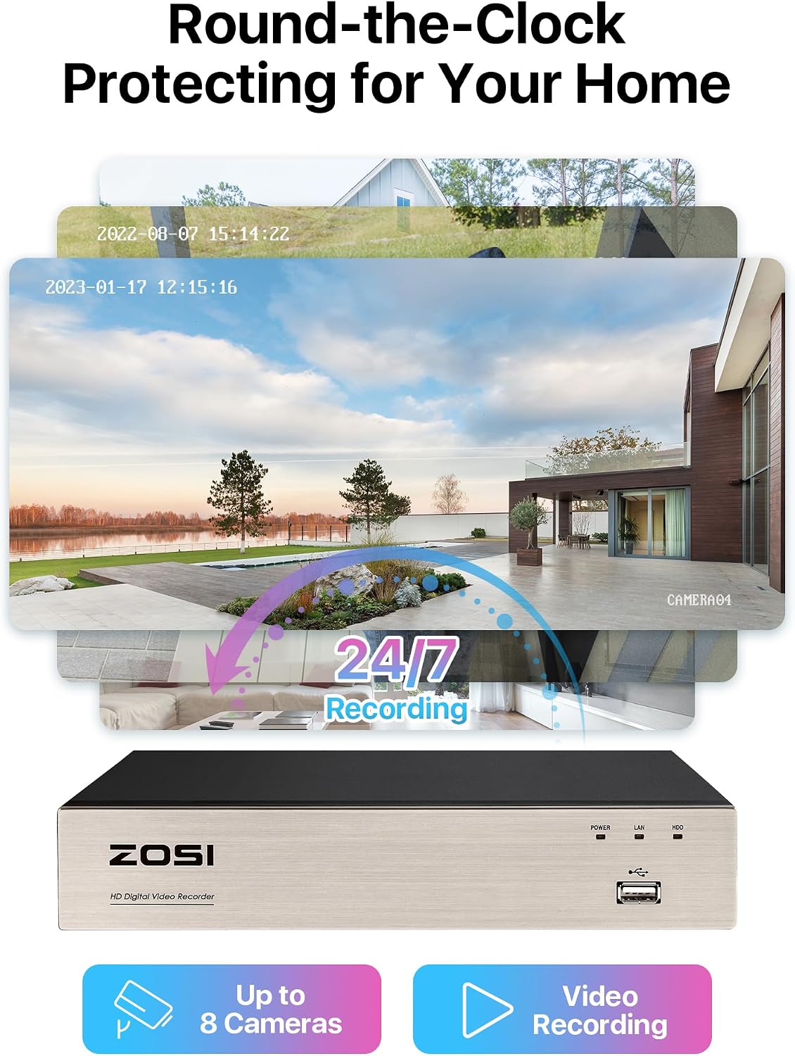 ZOSI 8CH CCTV Camera System, H.265+ 5MP Lite DVR Recorder with 4 x 1080P Outdoor Indoor Security Bullet Cameras, AI Human Vehicle Detection, 80ft Night Vision, Remote Access, NO Hard Drive