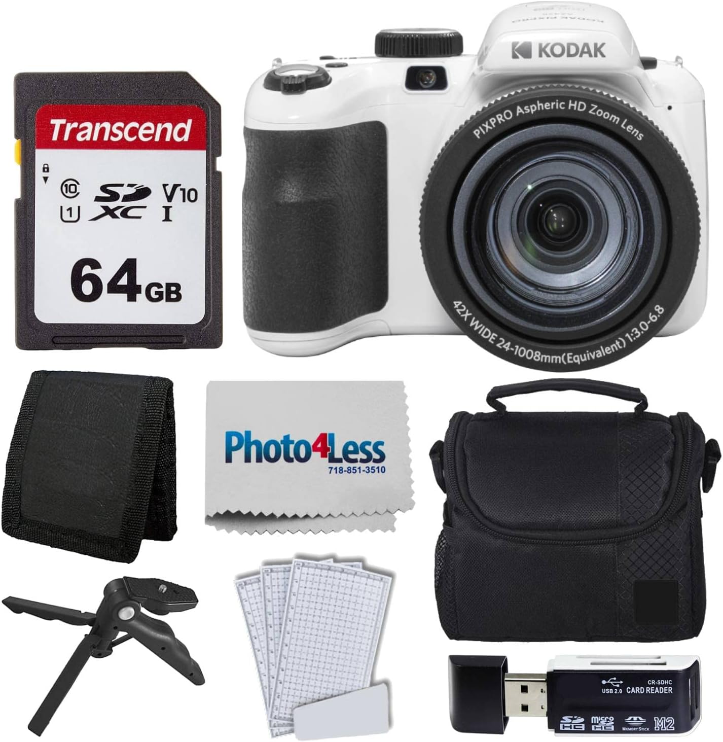 Kodak PIXPRO AZ425 Digital Camera + 64GB Memory Card + Camera Case (Black) + USB Card Reader + Table Tripod + Accessories (White)
