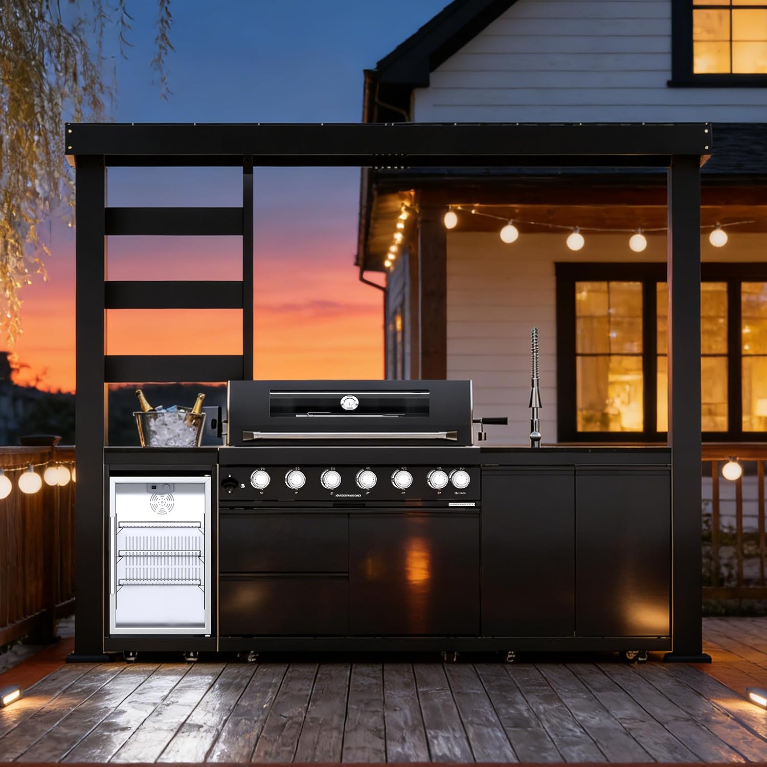 108-Inch 6-Burner 85000 BTU Propane Gas Grill Island with Shed, 304 Stainless Steel Black, 684 Sq.In Cooking Area, Wine Cooler, Rotisserie & Granite Countertops for Backyard BBQ, Black