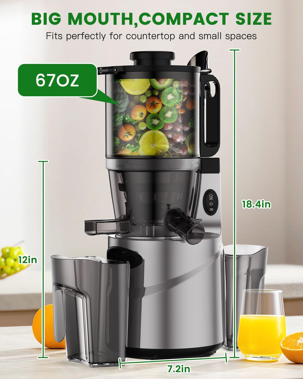 Cold Press Juicer - Slow Juicer Machines with 5.5' Feeding Chute, Masticating Juicer Fit Whole Fruits and Vegetables, Auto-cutting Auger, Easy to Clean (silver)