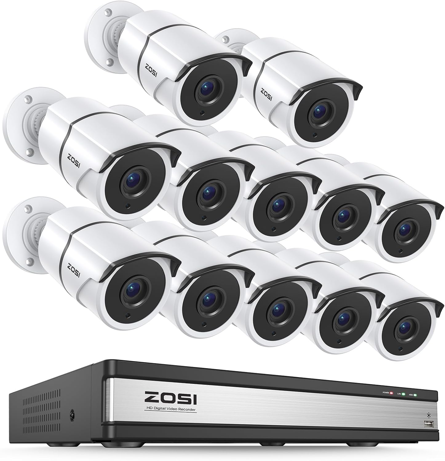 ZOSI 16 Channel Wired Security Camera System,12pcs 1080P Wired Outdoor Metal Cameras,One-Way Audio,AI Person/Vehicle Detection,Night Vision,H.265+ 16CH DVR for Business,Remote Access (No Hard Drive)