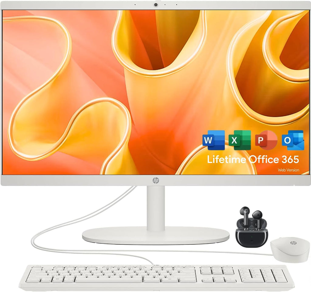 HP 22' FHD All-in-One Desktop Computer - Latest 13th Gen Intel Quad-Core - Office 365 for The Web - 8GB DDR5 RAM - 128GB UFS Storage - Wireless Earbuds - Keyboard and Mouse
