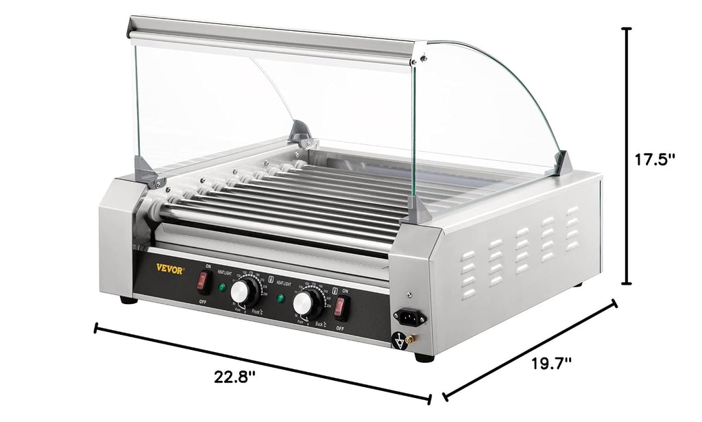 VEVOR Hot Dog Roller, 30 Hot Dog Capacity 11 Rollers, 1800W Stainless Steel Cook Warmer Machine w/Cover & Dual Temp Control, LED Light & Detachable Drip Tray, Sausage Grill Cooker for Kitchen Canteen