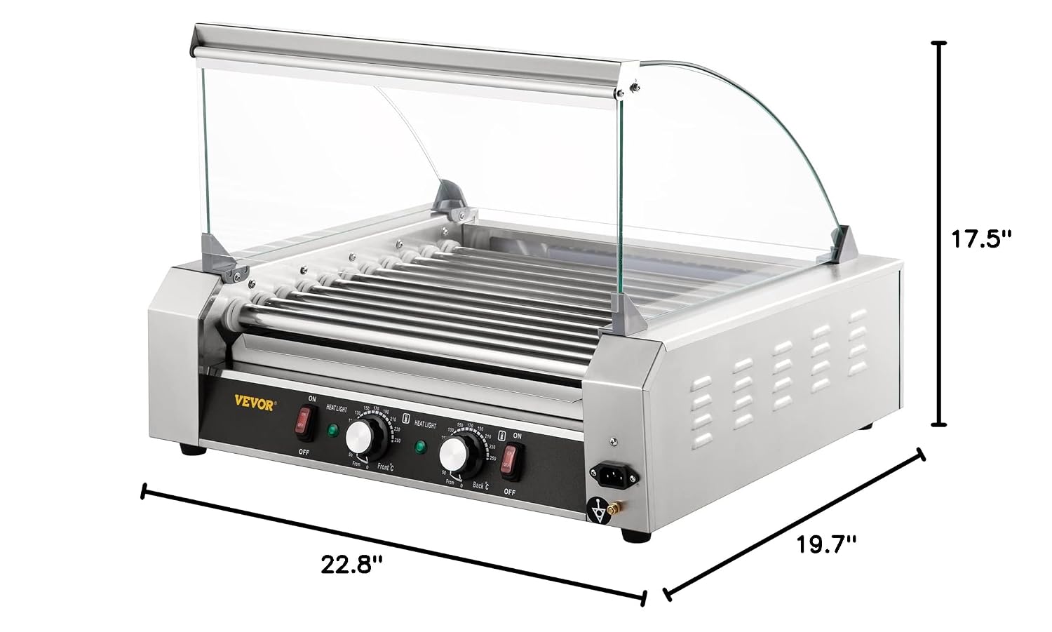 VEVOR Hot Dog Roller, 30 Hot Dog Capacity 11 Rollers, 1800W Stainless Steel Cook Warmer Machine w/Cover & Dual Temp Control, LED Light & Detachable Drip Tray, Sausage Grill Cooker for Kitchen Canteen