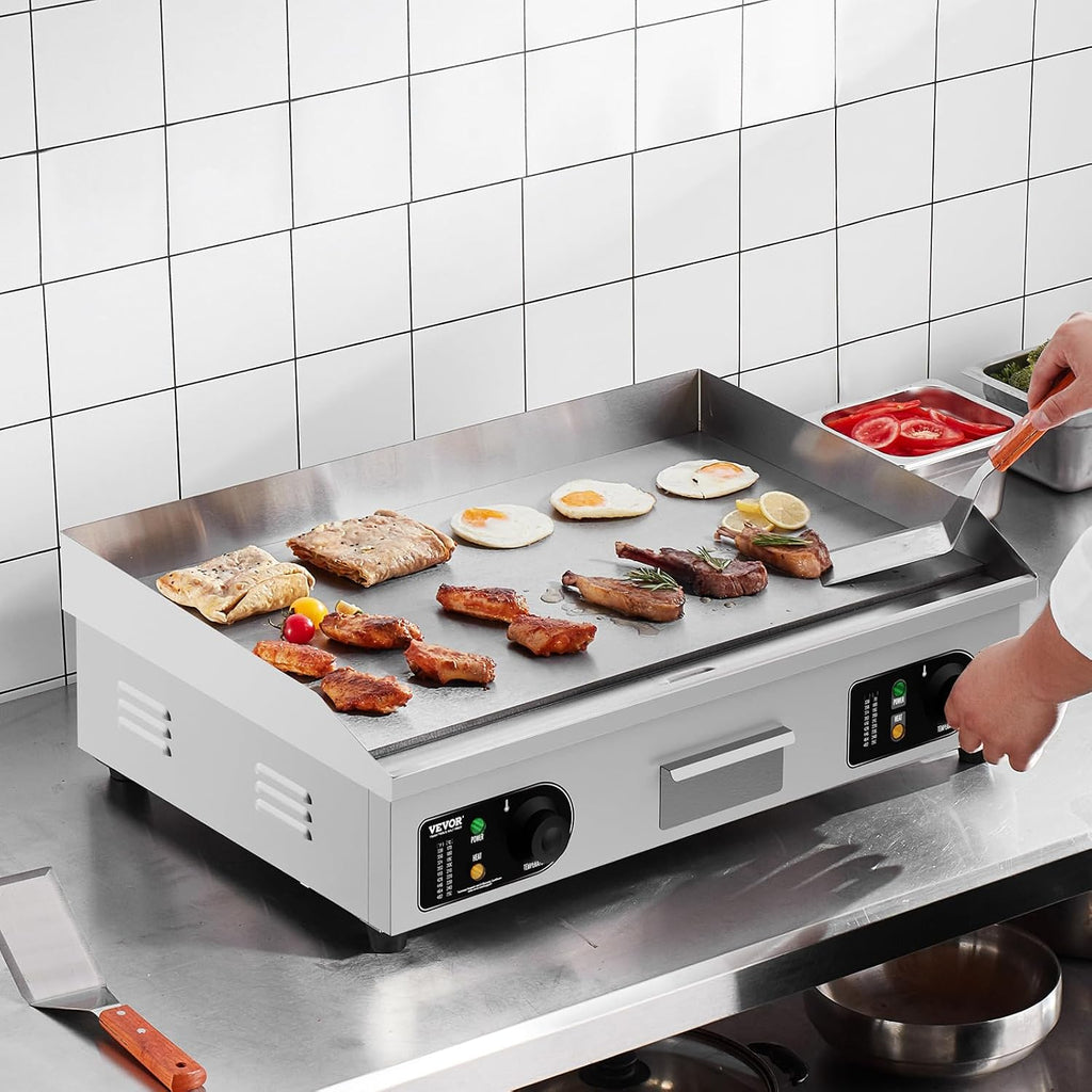 VEVOR Upgraded Commercial Electric Griddle, 2800W Stainless Steel Countertop Flat Top Grill, 26'' Griddle Grill with 2 Shovels and 2 Brushes, 122℉-572 ℉ Adjustable Temp, for Home Restaurant(No Plug)
