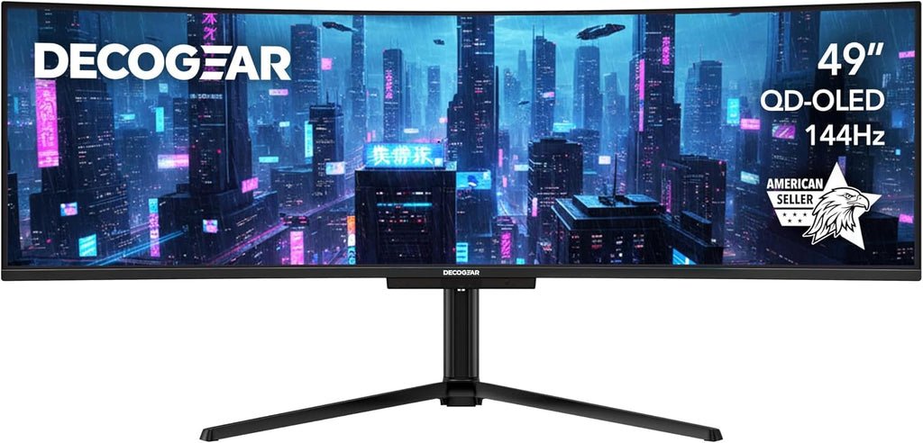 Deco Gear OLED 49 Inch Curved Monitor, 5K2K 5120×1440 Ultrawide Dual QHD, 144HZ, 0.03ms, 32:9 HDR400, Adaptive Sync, R1800 Premium 100% sRGB 90W USB-C, Built-in Speakers Height Adjustable Stand