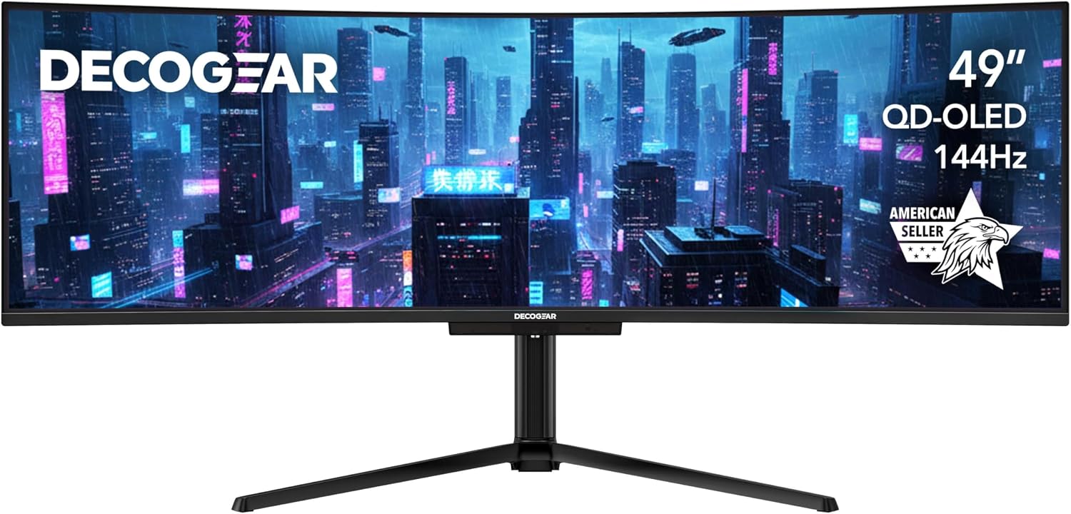 Deco Gear OLED 49 Inch Curved Monitor, 5K2K 5120×1440 Ultrawide Dual QHD, 144HZ, 0.03ms, 32:9 HDR400, Adaptive Sync, R1800 Premium 100% sRGB 90W USB-C, Built-in Speakers Height Adjustable Stand