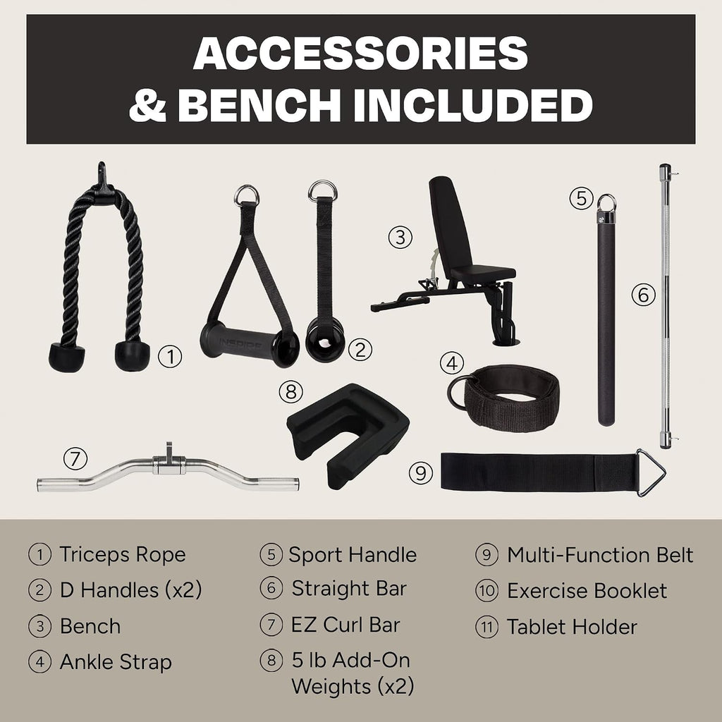 Inspire Fitness FT1 Functional Trainer with Bench - Compact at Home Workout Machine with Accessories - Two 165 lb Weight Stacks - Smooth Glide Cable Machine with Weight Bench