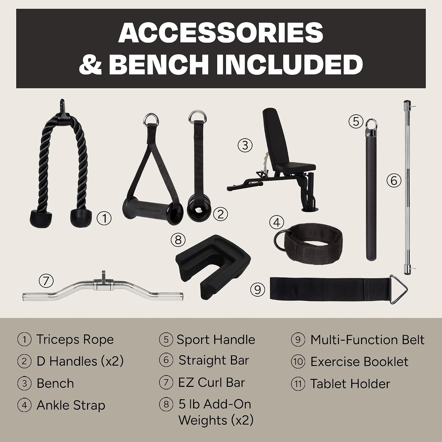 Inspire Fitness FT1 Functional Trainer with Bench - Compact at Home Workout Machine with Accessories - Two 165 lb Weight Stacks - Smooth Glide Cable Machine with Weight Bench
