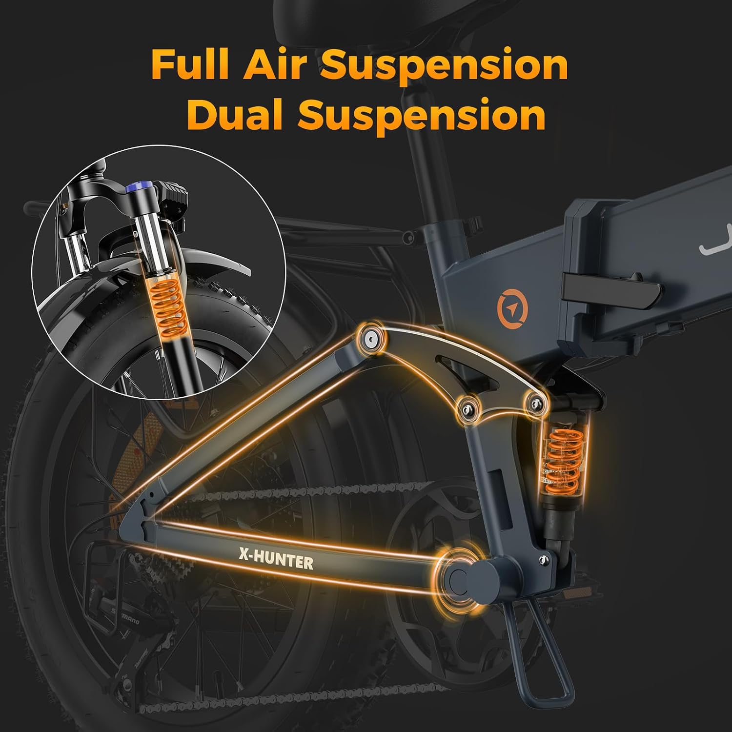 Jasion X-Hunter Electric Bike for Adults 1400W Peak Motor,30MPH Max Speed,48V 13AH Removable Battery,Full Suspension 20''*4.0 Fat Tire Foldable Ebike,7-Speed Bicycle with Basket and Saddle Bag