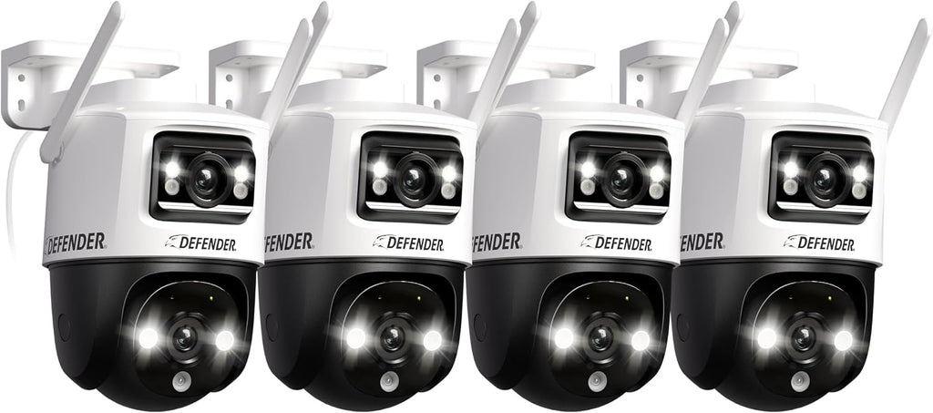 Defender AI Powered Guard Pro 3K Plus Dual Lens PTZ WiFi 6/Bluetooth Plug-in Power Security Camera, Human/Vehicle Detection, AI Auto-Tracking, Night Vision, Works w/Guard App, 4 Pack