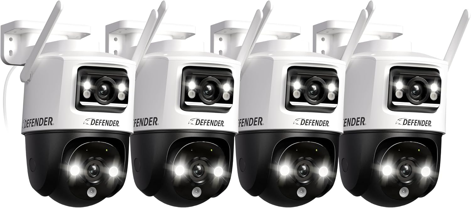 Defender AI Powered Guard Pro 3K Plus Dual Lens PTZ WiFi 6/Bluetooth Plug-in Power Security Camera, Human/Vehicle Detection, AI Auto-Tracking, Night Vision, Works w/Guard App, 4 Pack