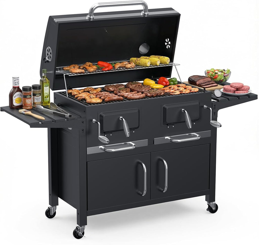 Bestfire 63' Oversized Charcoal BBQ Grill & Smoker, Large Outdoor Grill with 2 Individual Lifting Charcoal Trays, Cabinet-Style Charcoal Grills with Foldable Side Tables, 4 Wheels, Asadores de Carbon