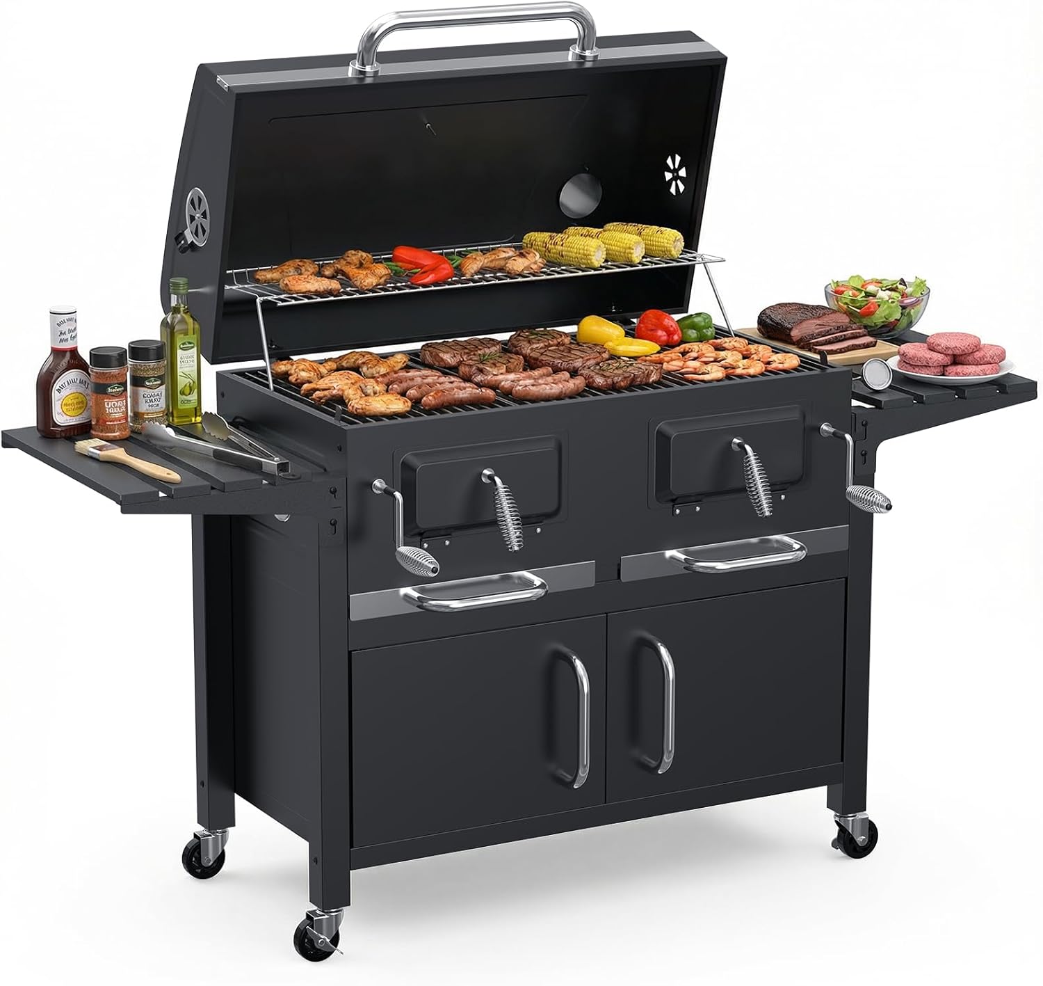 Bestfire 63' Oversized Charcoal BBQ Grill & Smoker, Large Outdoor Grill with 2 Individual Lifting Charcoal Trays, Cabinet-Style Charcoal Grills with Foldable Side Tables, 4 Wheels, Asadores de Carbon