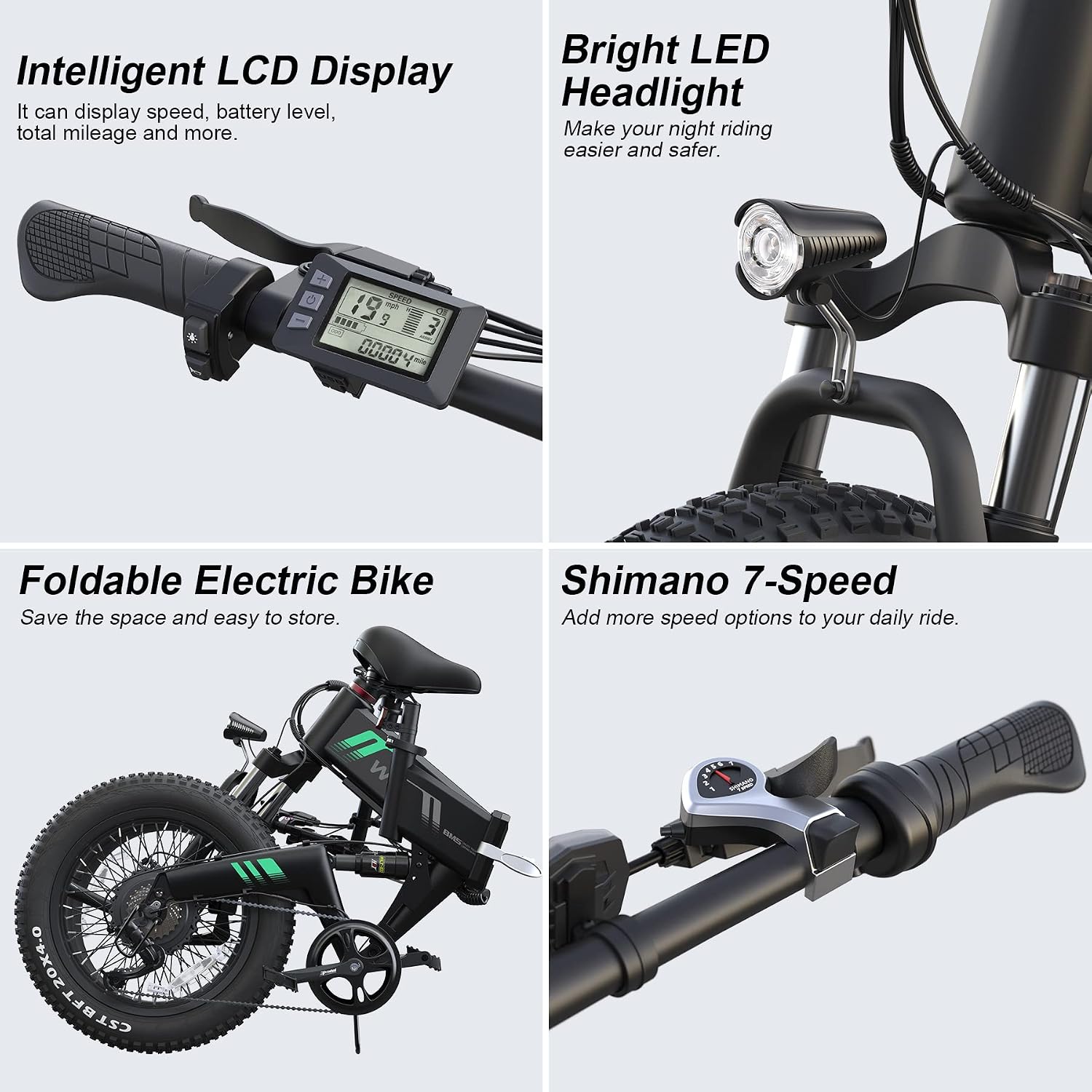 Wooken Electric Bike, 20''X4.0 Fat Tire Electric Bike for Adults, Peak 1000W Foldable Electric Bike with 48V 10Ah Battery,Professional 7 Speed,Shock Absorber, 20MPH Ebike for Mountain Beach Snow