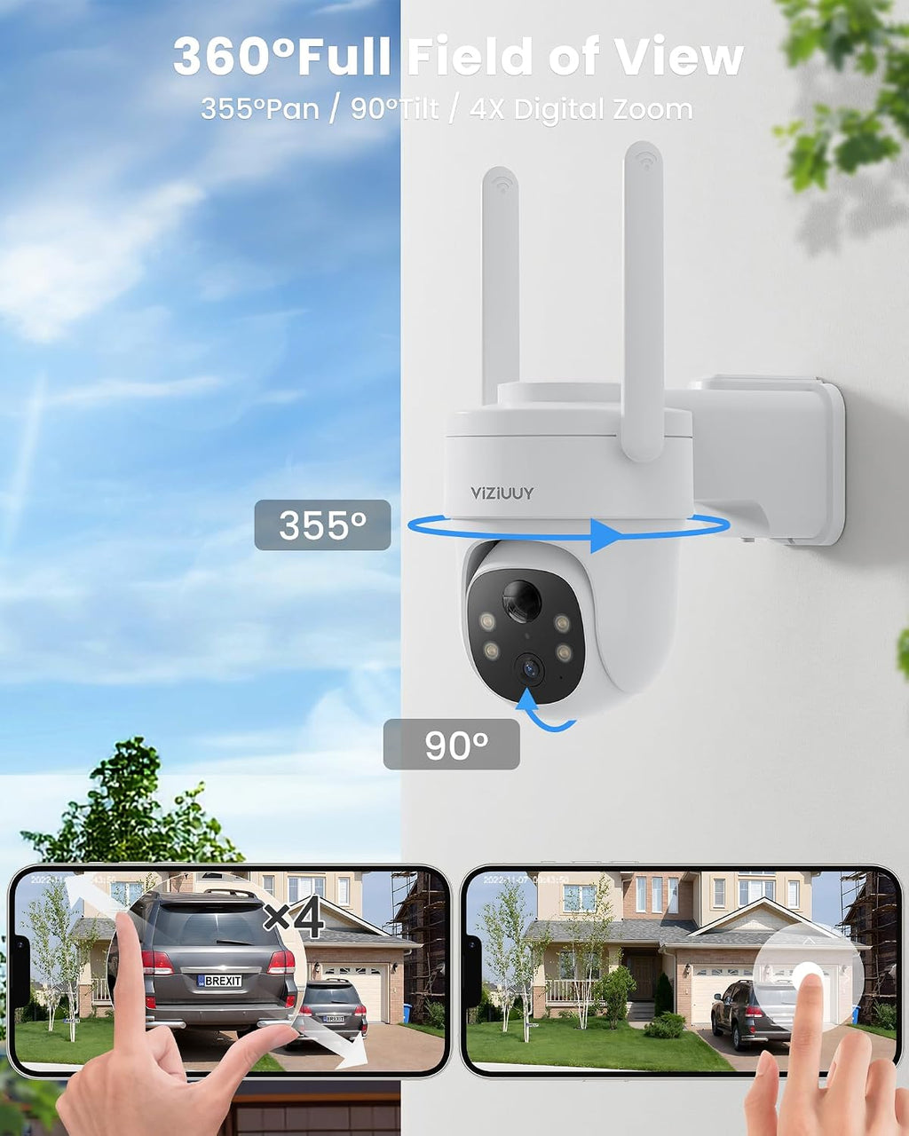 VIZIUUY Solar Security Cameras Wireless Outdoor 4 Pack, 3MP Security Cameras Wireless Outdoor, Pan Tilt 360°WiFi Camera with Color Night Vision/PIR Sensor/2-Way Audio/Alexa