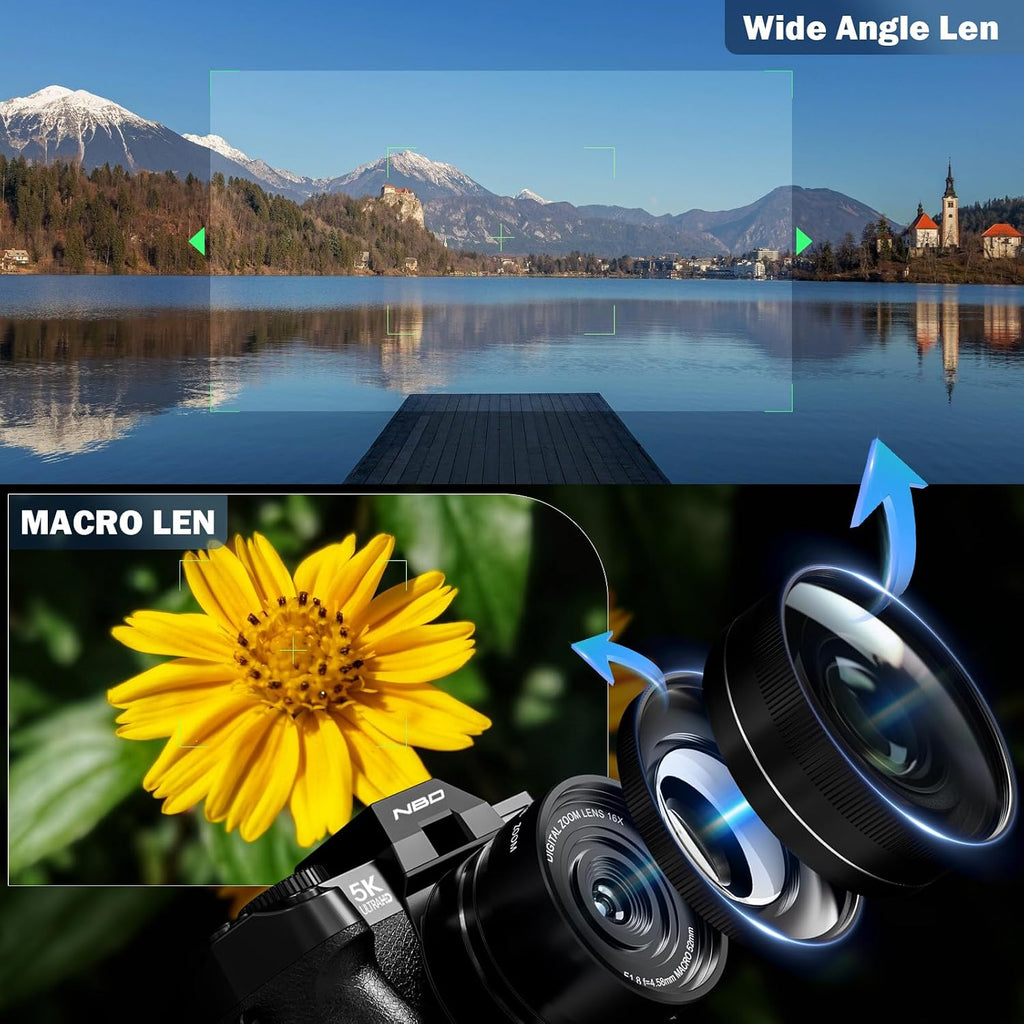 True 5K Digital Cameras for Photography 64MP - 16X Zoom, WiFi, with 64GB TF Card, Wide-Angle & Macro Lens, Autofocus & Anti-Shake, Vlogging Camera for YouTube Travel (Black)