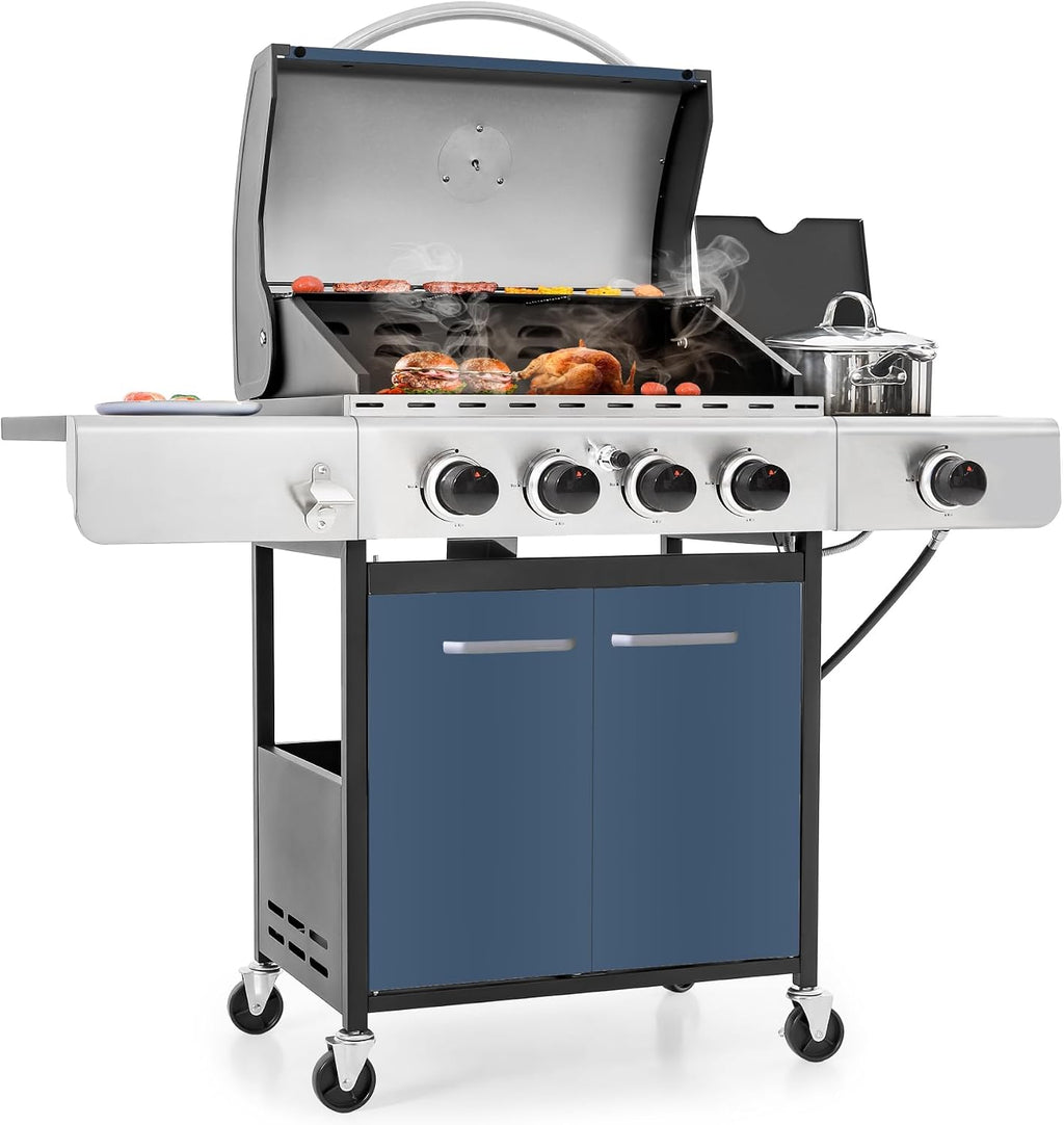 MFSTUDIO 4 Burner BBQ Gas Grill with Side Burner, Propane Grills with Porcelain-Enameled Cast Iron Grates, 42,000 BTU for Outdoor Backyard Barbecue Cooking, Blue