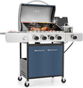 MFSTUDIO 4 Burner BBQ Gas Grill with Side Burner, Propane Grills with Porcelain-Enameled Cast Iron Grates, 42,000 BTU for Outdoor Backyard Barbecue Cooking, Blue