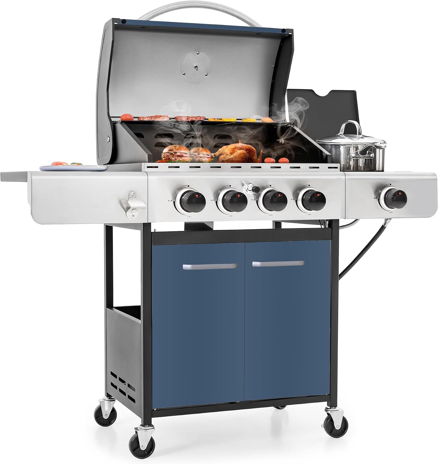 MFSTUDIO 4 Burner BBQ Gas Grill with Side Burner, Propane Grills with Porcelain-Enameled Cast Iron Grates, 42,000 BTU for Outdoor Backyard Barbecue Cooking, Blue