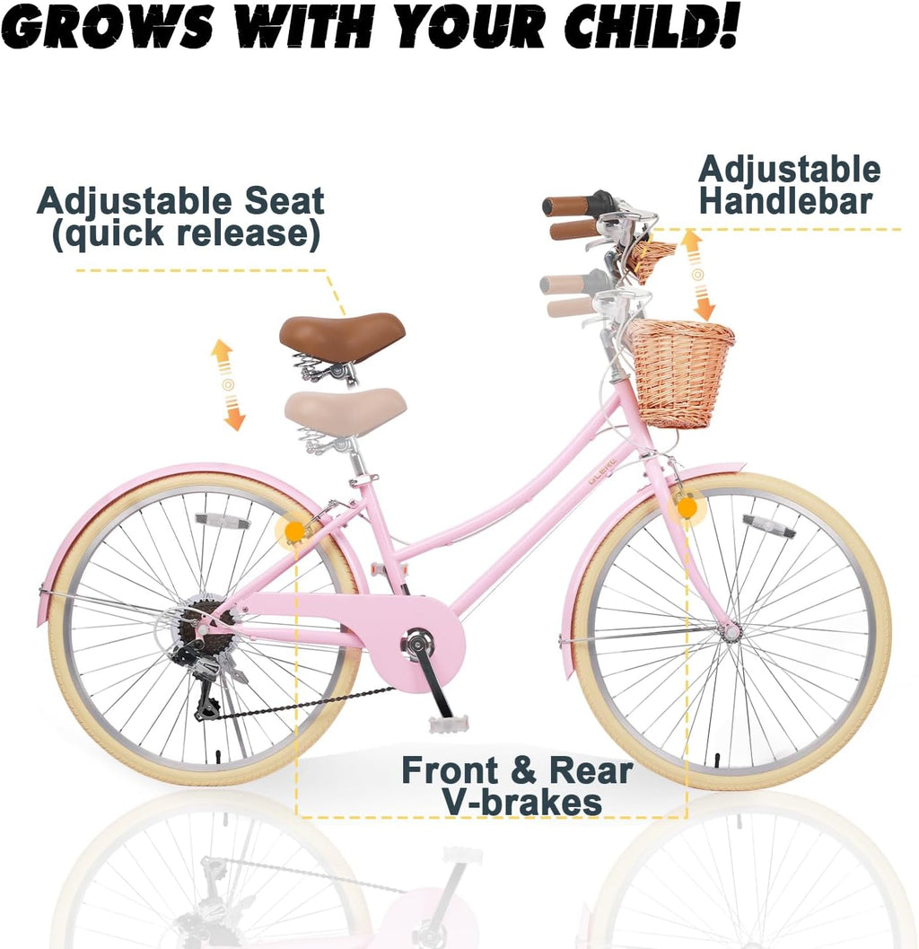 Glerc 20 24 26 Inch Beach Cruiser Bike, 6-Speed Hybrid City Bicycle for Girls Youth and Over 6 Years Old, Missy Bike with Wicker Basket & Lightweight, Multiple Colors