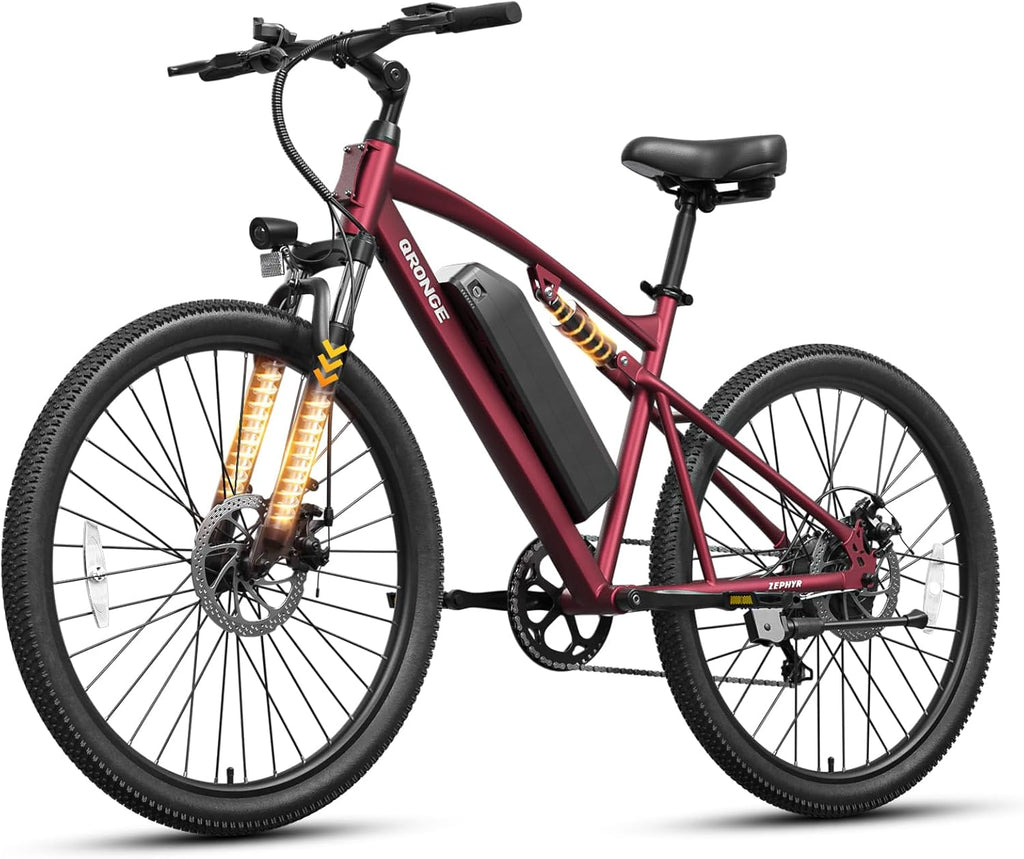 QRONGE Electric Bike for Adults, Full Suspension Ebike, 1000W Peak Motor 486Wh Battery, 28MPH(PAS Mode) Mountain Electric Bicycles, 7 Speed, 26'' Tire, Up to 70 Miles, Zephyr