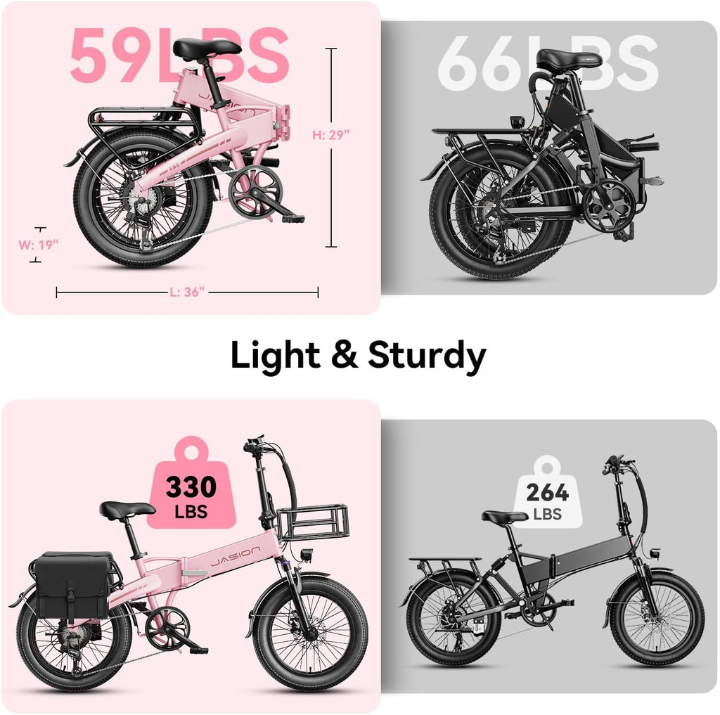 Jasion EB6 Foldable Electric Bike for Adults,【1200W Peak Motor, 25 MPH, 50 Miles Range】 20' Fat Tire Ebike with 48V Built-in Battery, Lightweight Aluminum Frame E Bike for Commuting, Off-Road, Travel