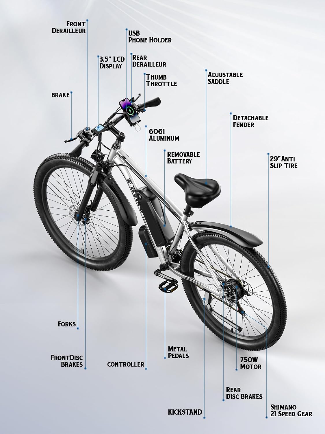 E·Bycco 29' Electric Bike for Adults, 48V 17.5AH, 1000W Peak Electric Mountain Bikes, 21-Speed Pedal Assist Ebikes, 34MPH 80 Miles Long Range Waterproof Commuter Electric Bicycle for Large Men