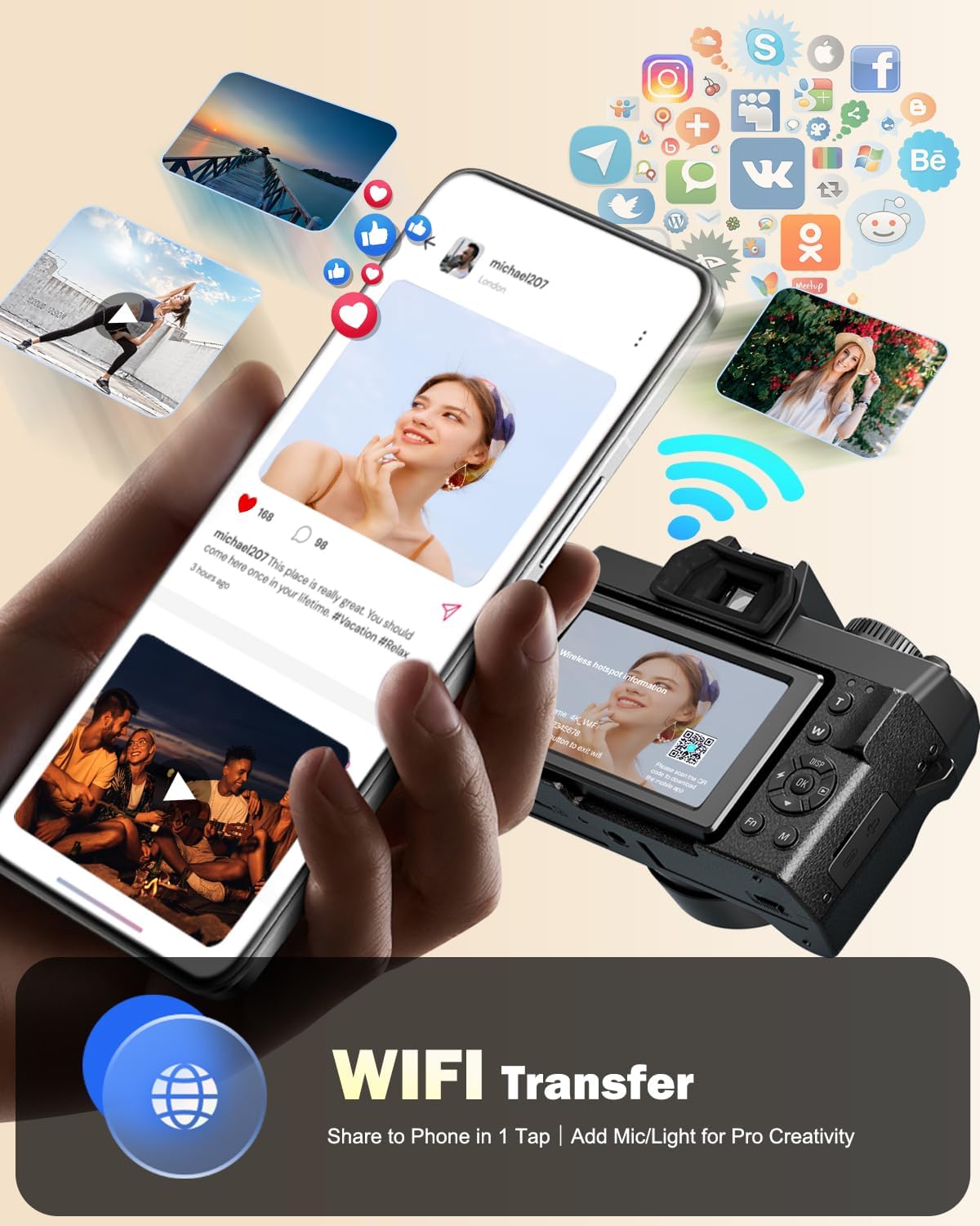 NBD 8K Digital Cameras for Photography,64MP Camara Fotograficas,Travel Vlogging Cameras for YouTube with 180°Flip Screen,16X Digital Zoom,52mm Macro Lens,2 Batteries,64GB TF Card(Black)