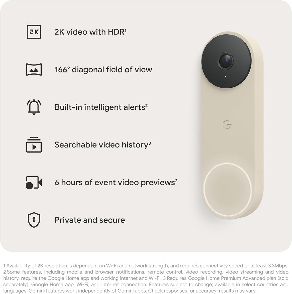 Google Nest Doorbell (Wired, 3rd Gen) - 2K Video and Gemini, Live View, Night Vision, 2-Way Audio - Works with Google Home - 2025 Model - Linen