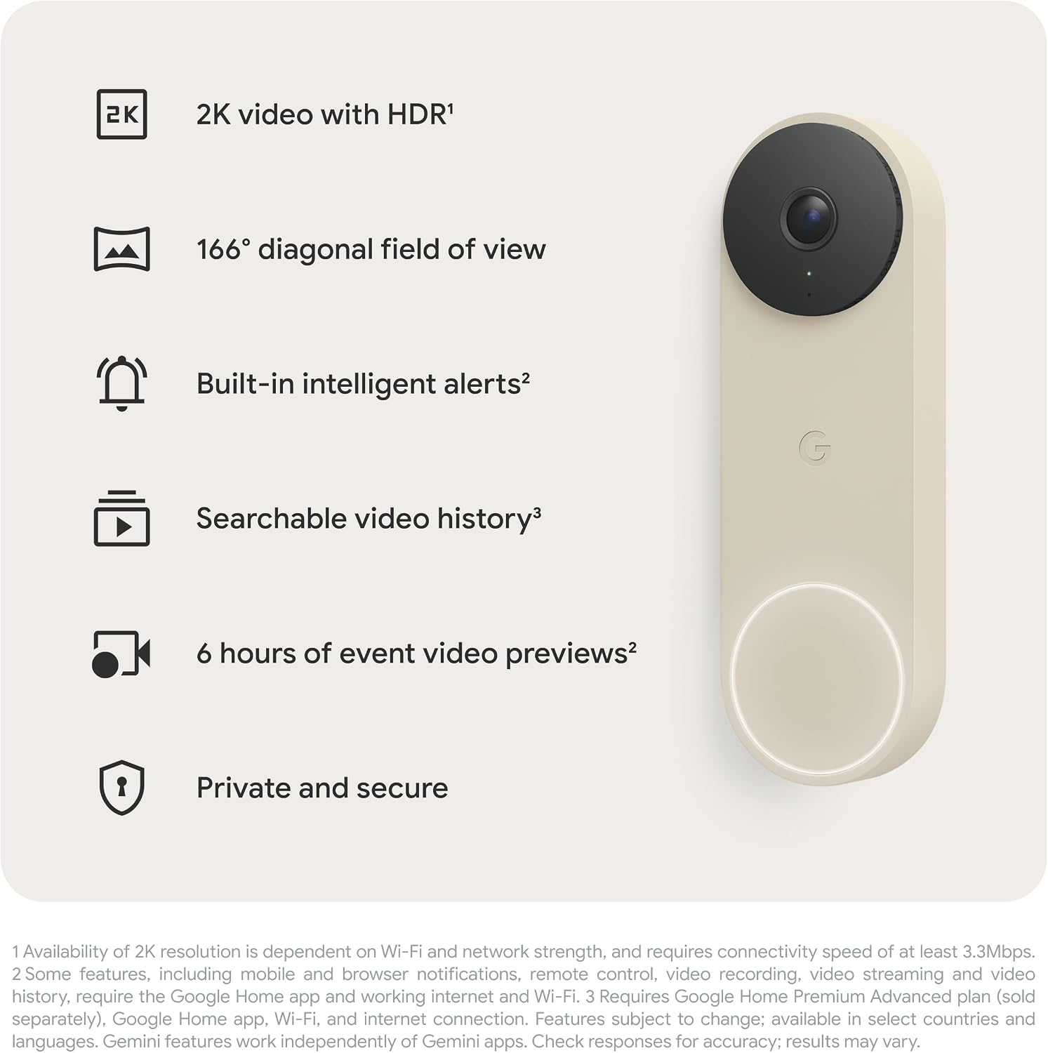 Google Nest Doorbell (Wired, 3rd Gen) - 2K Video and Gemini, Live View, Night Vision, 2-Way Audio - Works with Google Home - 2025 Model - Linen