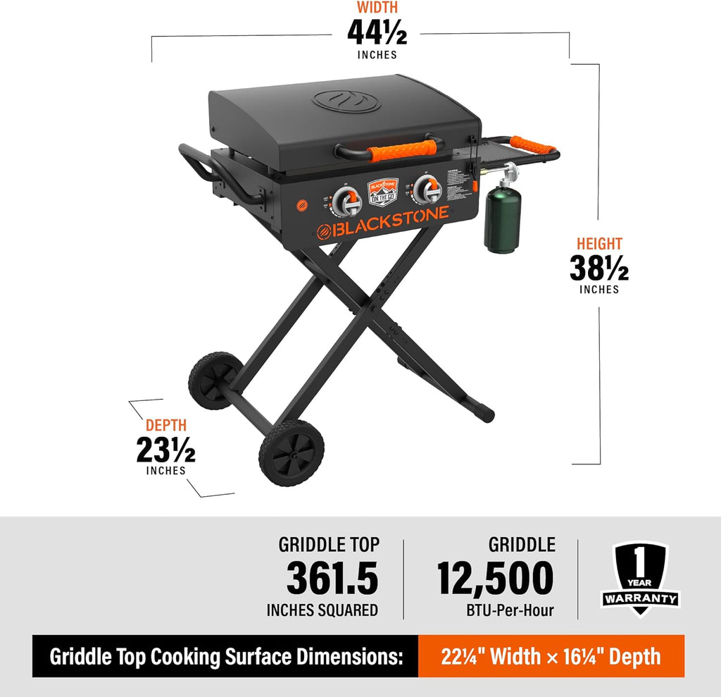 BLACKSTONE 22' On The Go Scissor-Leg Griddle with Two Burners -Stainless Steel Gas Griddle with Hood, Wheels, Side Shelf –Heavy Duty Outdoor Stainless Steel Griddle for Backyard, Patio Camping –1935