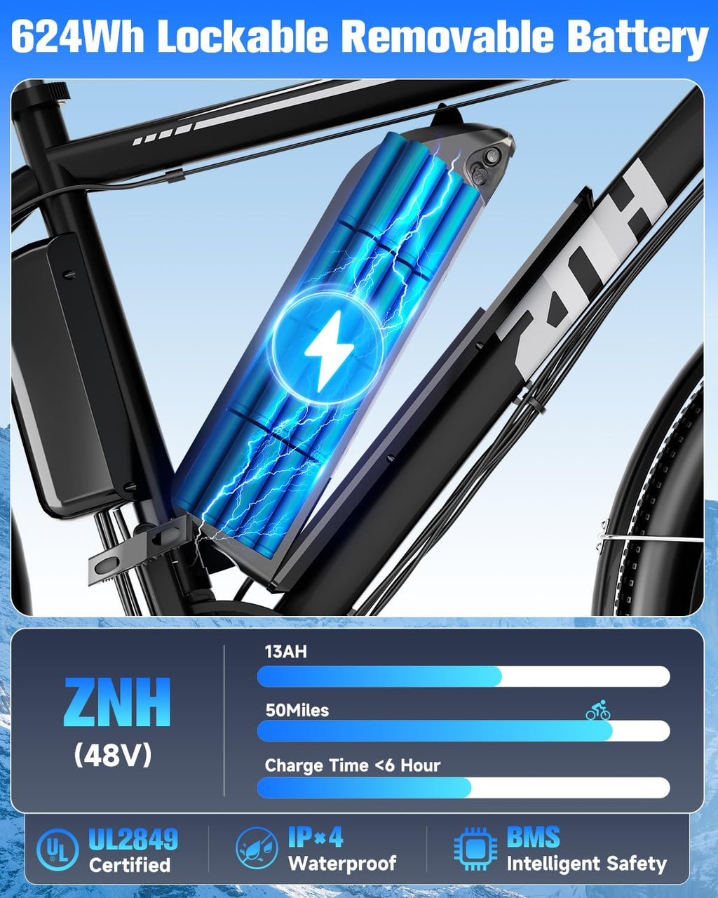 ZNH Electric Bike for Adults, 750W Peak Electric Mountain Bike with 48V 13Ah Removable Battery, 20MPH Brushless Motor Up to 50 Miles, Suspension Fork, 26'' Fat Tire Commuter Ebike, Black (02S-Black)