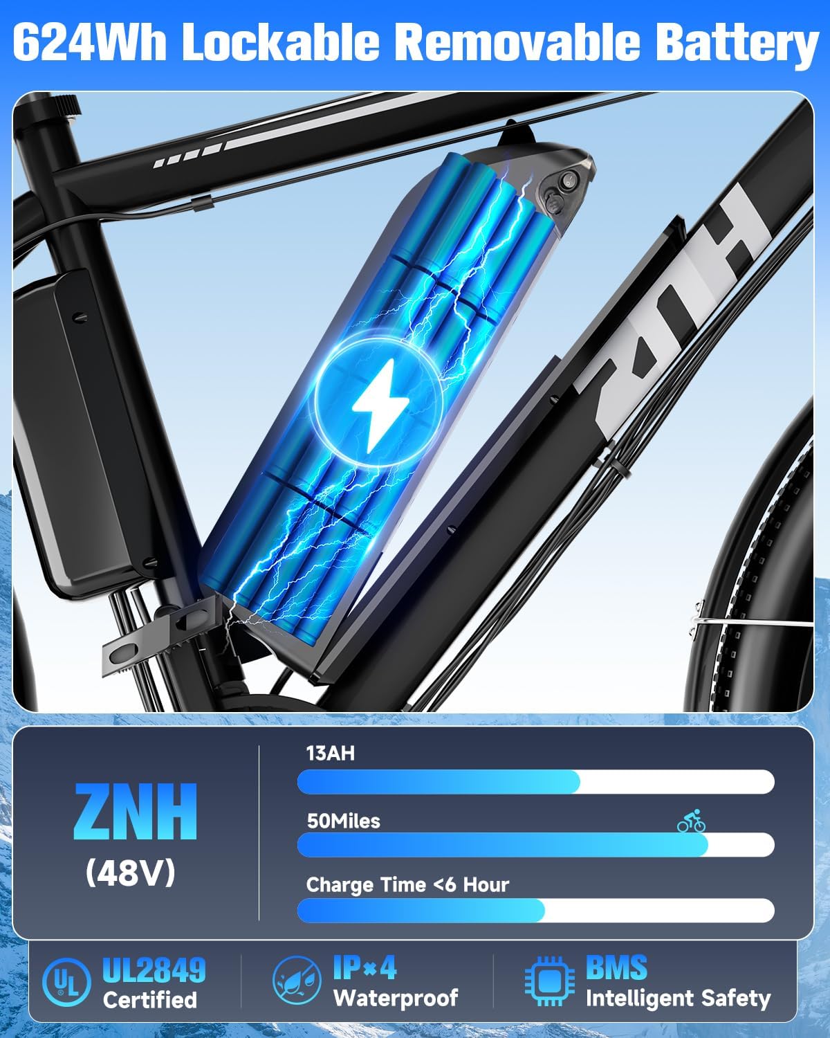 ZNH Electric Bike for Adults, 750W Peak Electric Mountain Bike with 48V 13Ah Removable Battery, 20MPH Brushless Motor Up to 50 Miles, Suspension Fork, 26'' Fat Tire Commuter Ebike, Black (02S-Black)