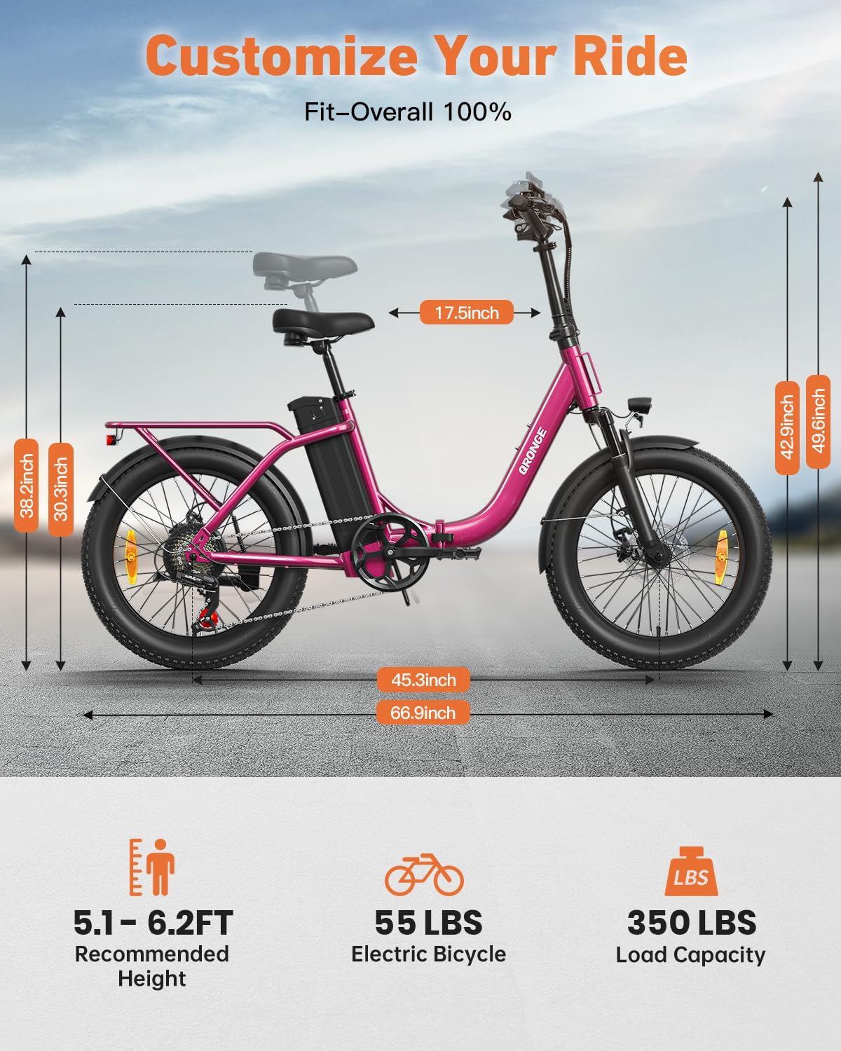 QRONGE Electric Bike, 1000W Peak Folding Electric Bike, 486Wh 70 Miles Range Ebike, 20' Step-Thru Bicycle with Front Basket, Waterproof Removable Battery, 7 Speed, 25 MPH Max