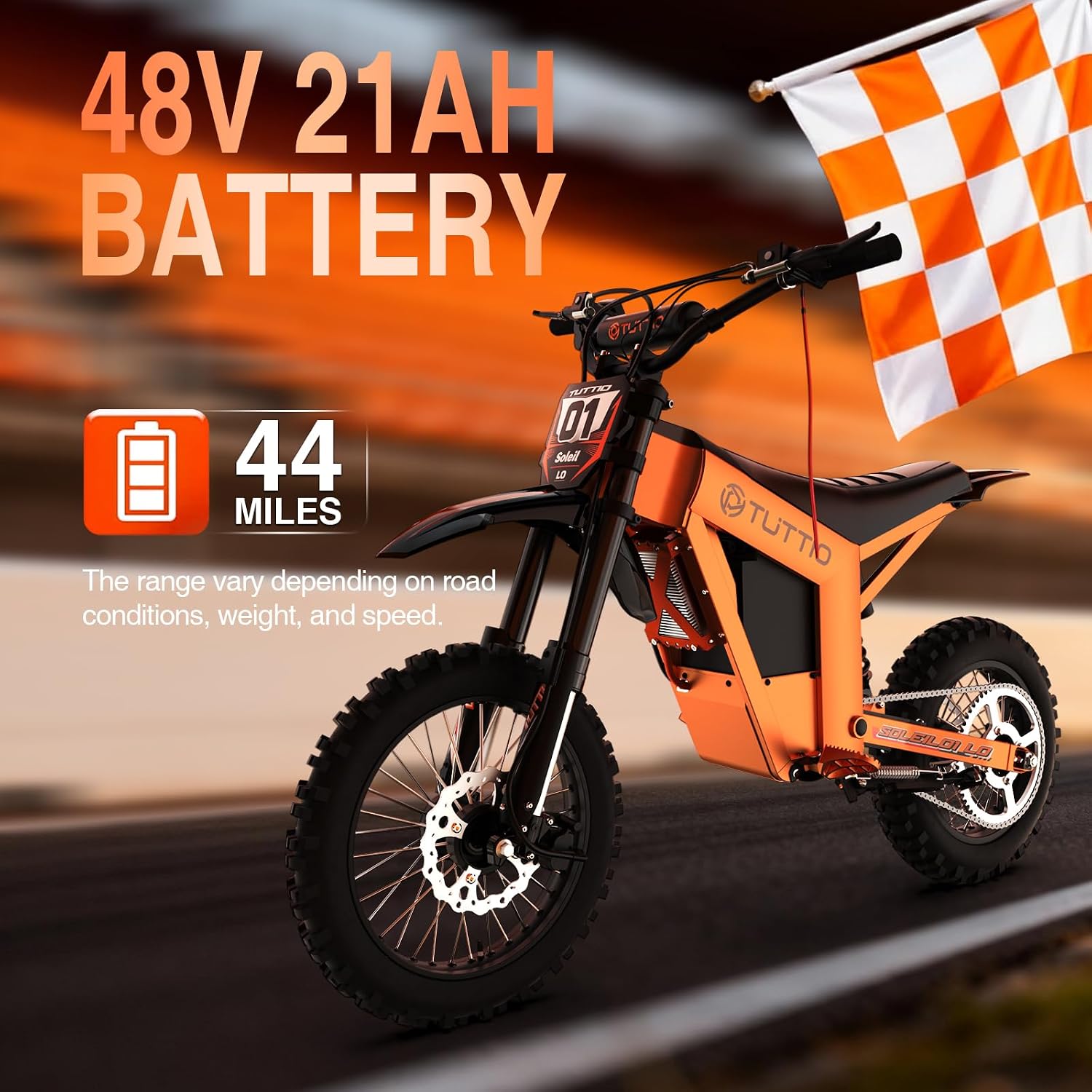 Tuttio Soleil01-LO Electric-Dirt-Bike for Adults Teens, Mid-Drive 3000W-220NM-37MPH E-Motorcycle with 48 21AH Battery, 14'/12' Off-Road Electric Bike, Full Hydraulic Suspensions Ebike for Adventure