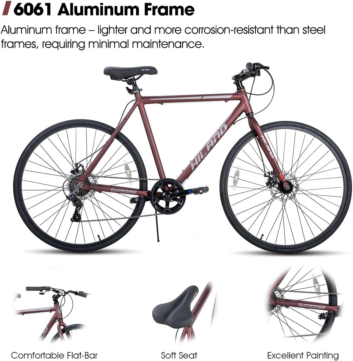 HILAND 700C Road Hybrid Bike, 7 speeds Bikes Urban City Commuter Bicycle with Disc Brake for Men Women Adult Comfortable Bicycle