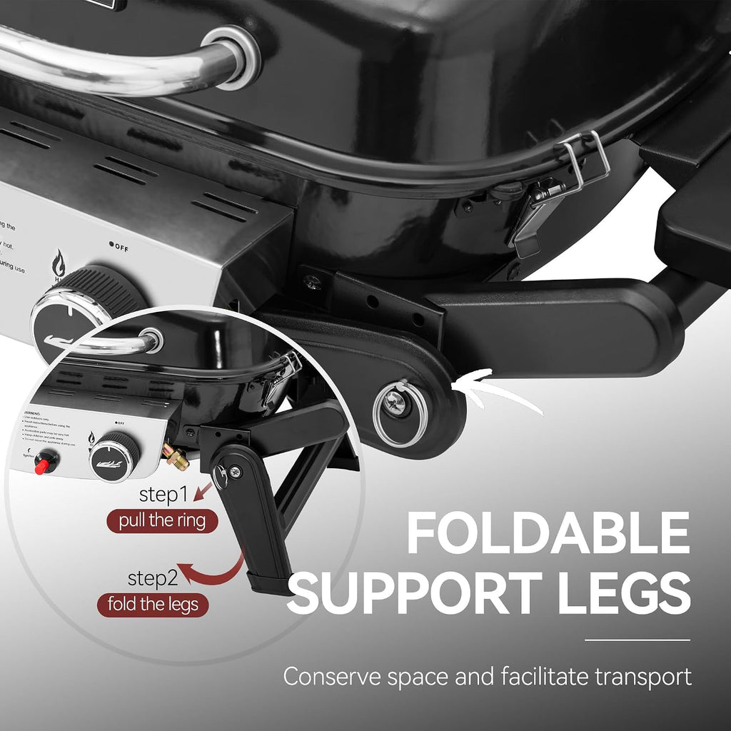 2-Burner Portable Propane Gas Grill with Foldable Side Tables and Legs, Outdoor Tabletop Gas Grill with Warming Rack for Travel, Picnic, Tailgate, Camping, Black, GT2005-SC