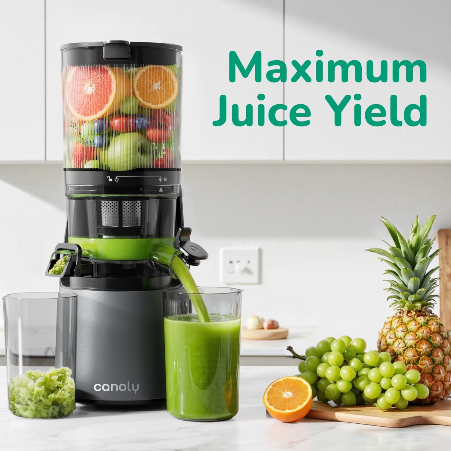 Canoly C16 Cold Press Juicer, 6' Extra Wide Feed Chute, 3-IN-1 Strainers (Juice & Sorbet & Nut Milk), Powerful AC Brushless Motor, Self Precut System, Juicer Machines with BPA-Free (Space Gray)