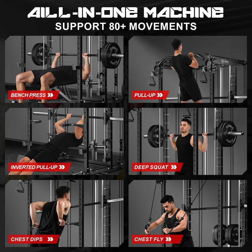 S1-V4 Smith Machine, 2000LBS Power Cage with Cable Crossover System, All-in-One Squat Rack with Smith Bar, Strength Training Equipment for Hone Gym