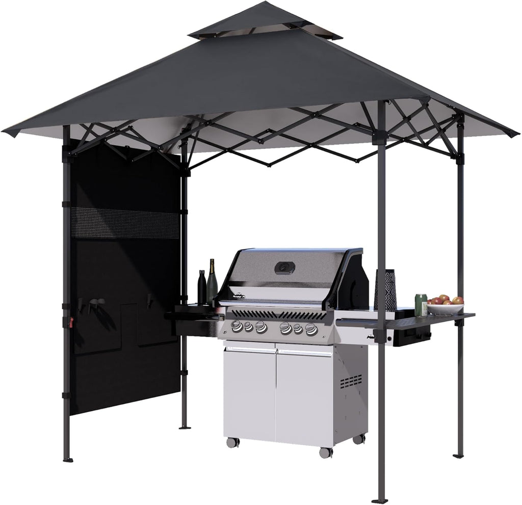 ABCCANOPY 8x5 Pop Up Grill Gazebo - Outdoor BBQ Canopy with Shelf & Sidewall, Portable Barbeque Shelter with 2 Magnetic LED Lights, Carry Bag for Patio Garden Events Picnic Grilling, Dark Gray